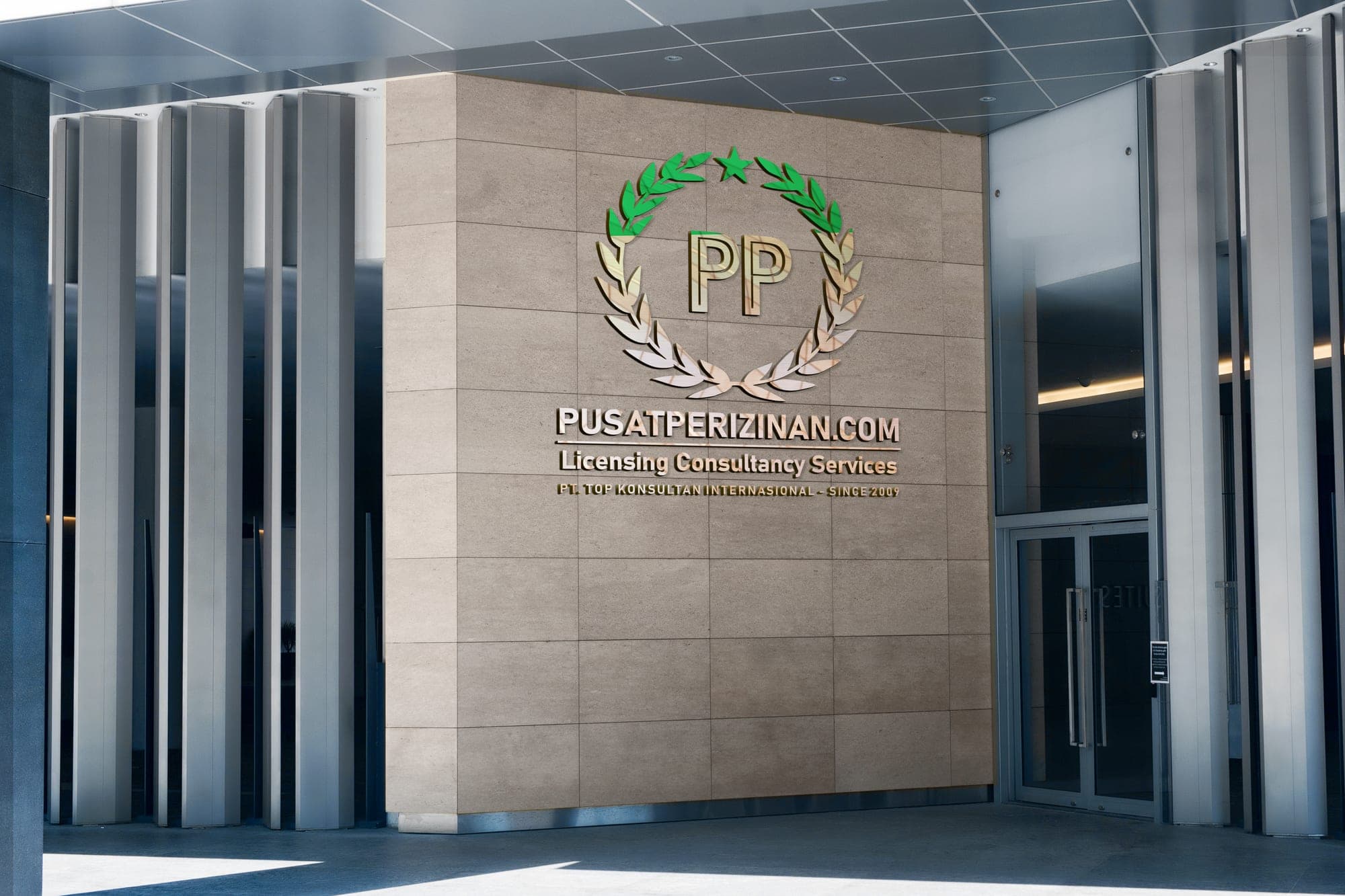 Fasade masuk kantor PusatPerizinan.com Bandung — papan nama logo PP pada dinding batu alam