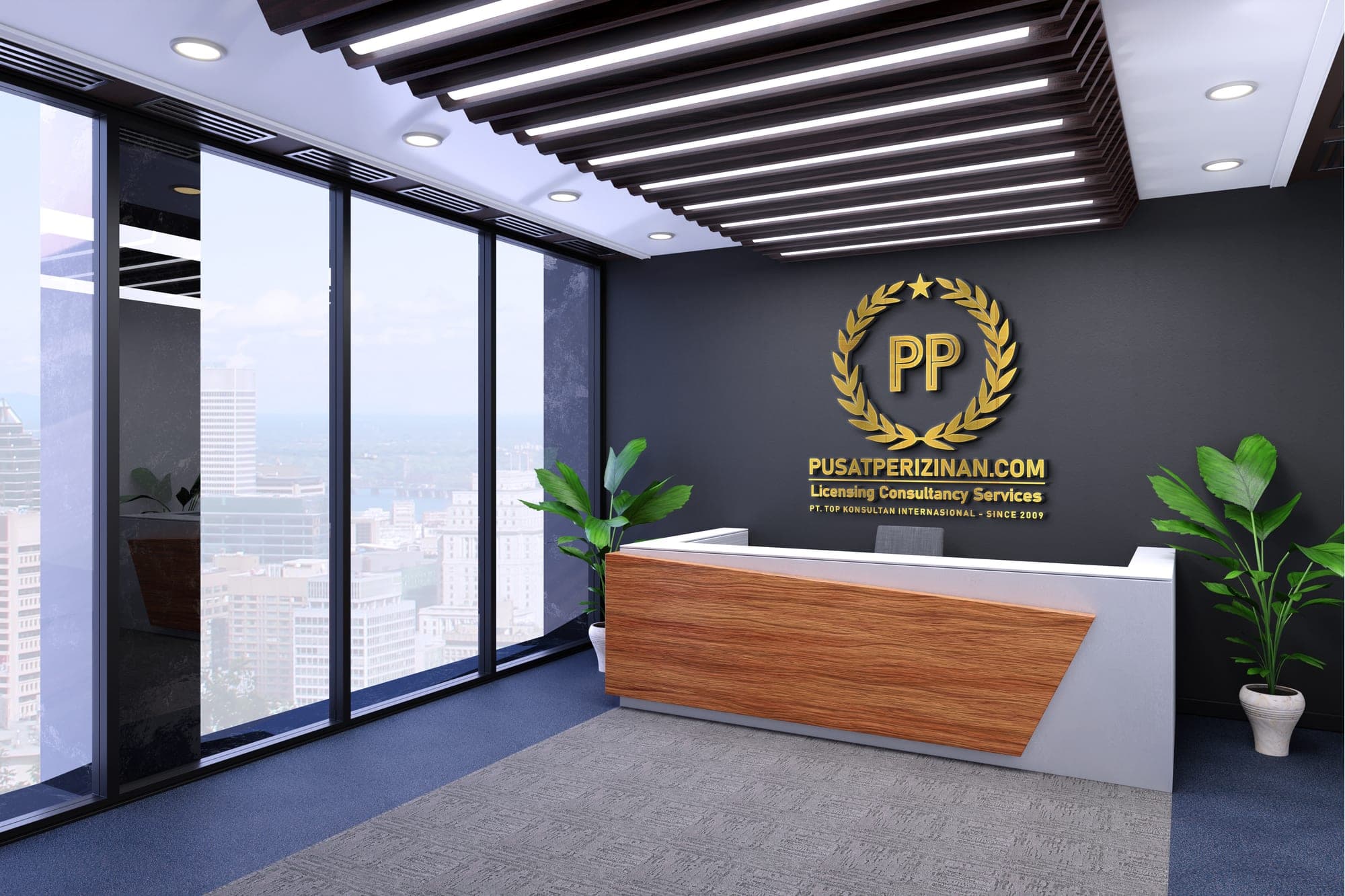 Lobi kantor cabang PusatPerizinan.com di Bandung — meja resepsionis kayu dengan pemandangan kota
