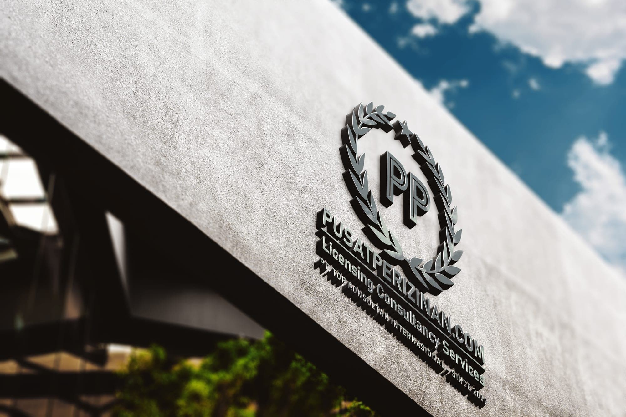 Papan nama PusatPerizinan.com pada gedung kantor Jakarta