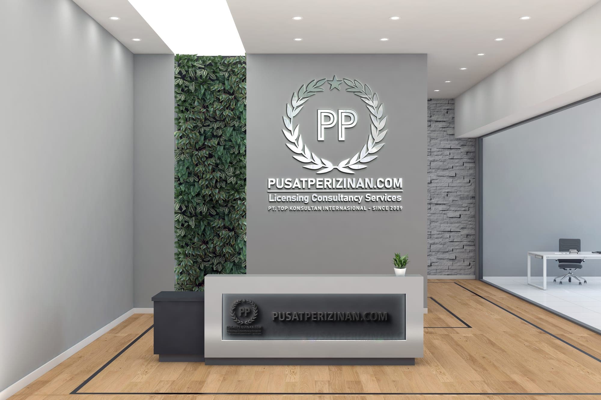 Resepsionis kantor PusatPerizinan.com — meja reception, dinding tanaman hijau, dan logo PP di dinding branding